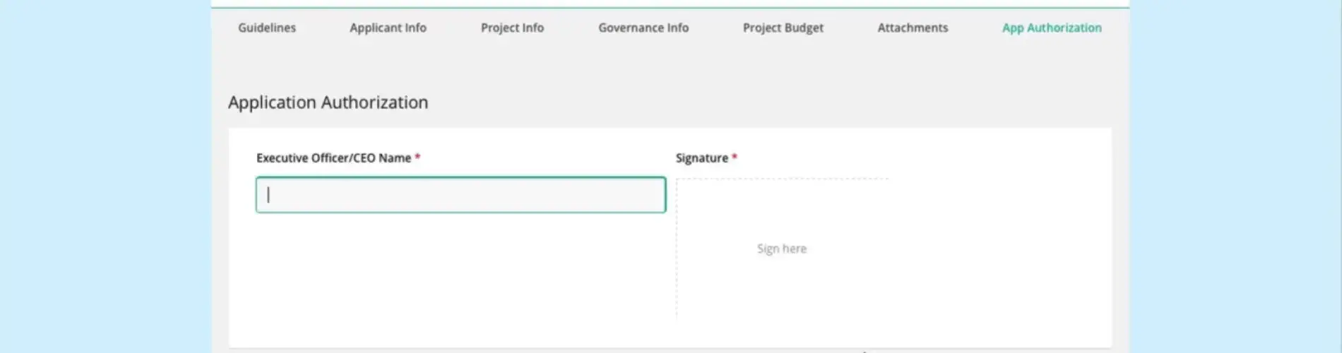 Online grant application form with fields and green header.