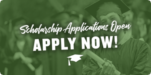 Graduates in caps and gowns, "Apply Now" text overlay.